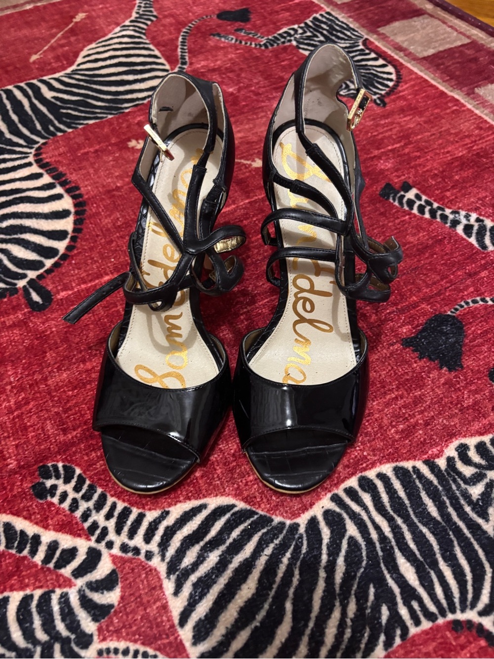 Sam Edelman Black Patent Strappy Open-Toe Heels with Gold Buckle